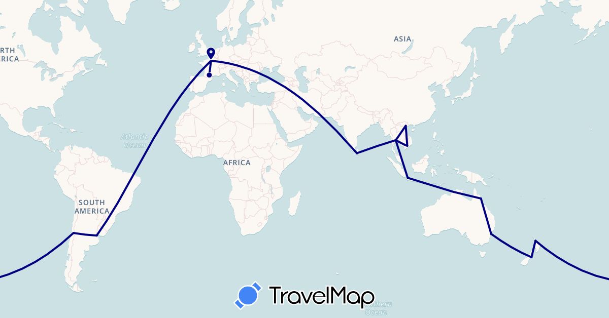 TravelMap itinerary: driving in Argentina, Australia, Chile, France, Indonesia, Cambodia, Sri Lanka, New Zealand, Thailand, Vietnam (Asia, Europe, Oceania, South America)